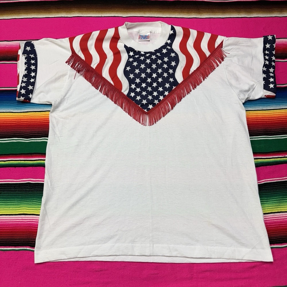 Vtg 90s USA Fringe Flag T-Shirt Men XL Single Stitch Western Patriot 4th of July
